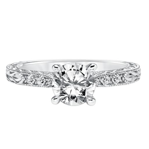 This engagement ring mounting by Goldman is crafted from 14k white gold and features 0.06 total carats of diamonds along the sides. The center diamond is chosen separately.