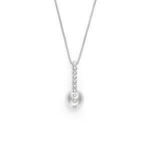 This necklace by Mikimoto is crafted from 18k white gold and features a 13mm white pearl and 0.70 total carats of diamonds.