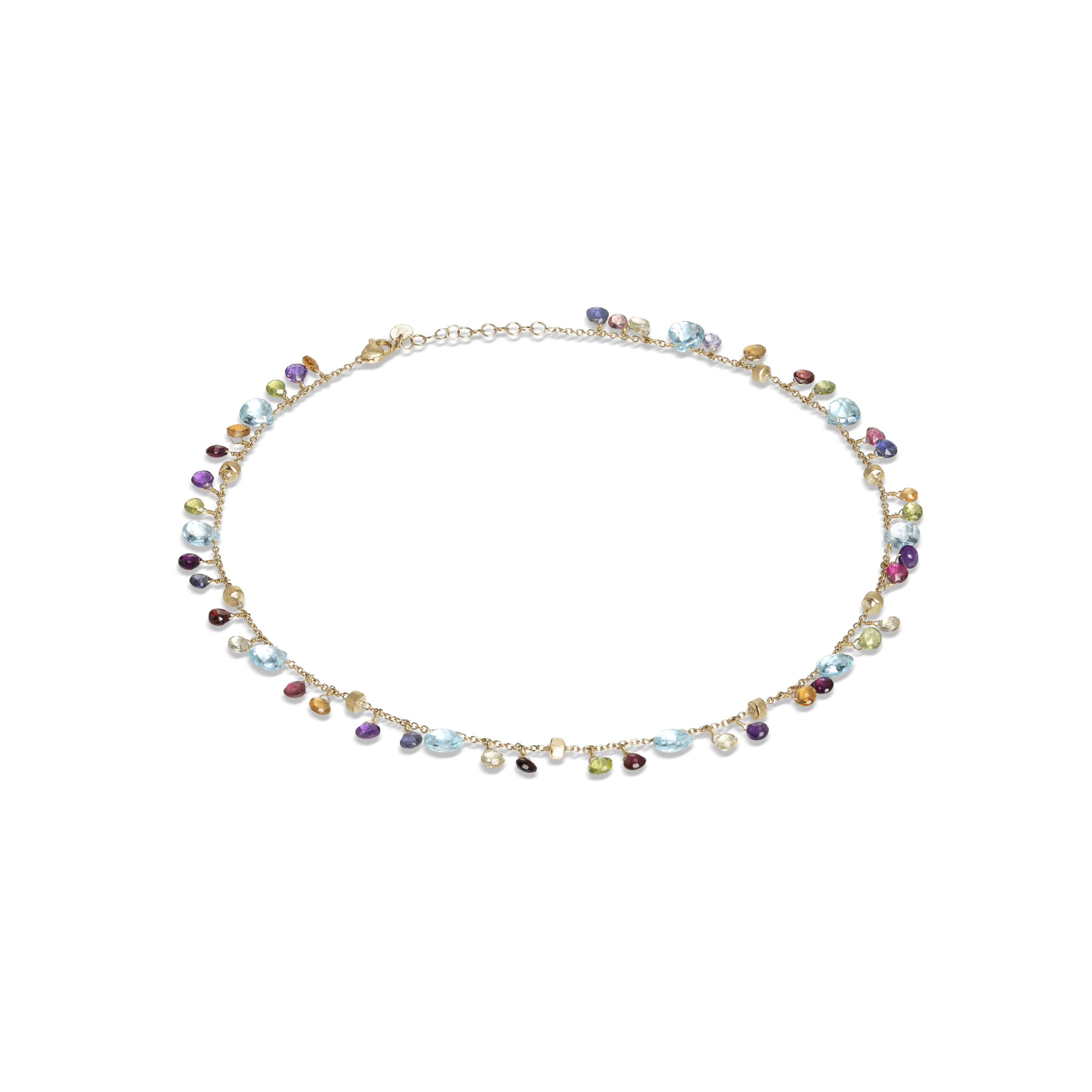 CB2584-E MIX01T Y 02Marco Bicego Paradise Collection 18k Yellow Gold Blue Topaz and Mixed Gemstone Single Strand Necklace