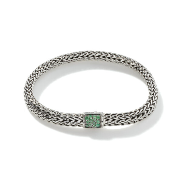This reversible bracelet by John Hardy is crafted from sterling silver and features emerald and black sapphires in the clasp.